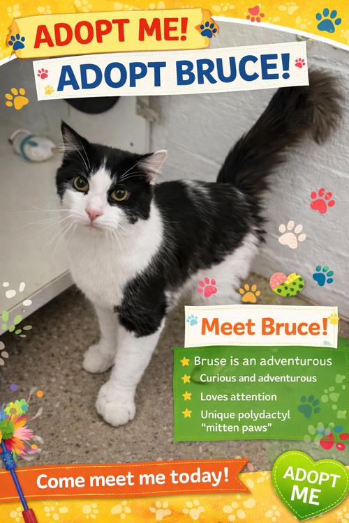Bruce:  Polydactyl (FCID# 03/02/2026 - 81) C, Adult Extra-Toes Cat (Hemingway Polydactyl) / Domestic Short Hair / Mixed (short coat), cat for adoption in Lancaster, Pennsylvania