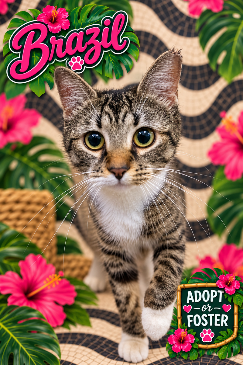 Brazil, a young female Tabby cat up for adoption