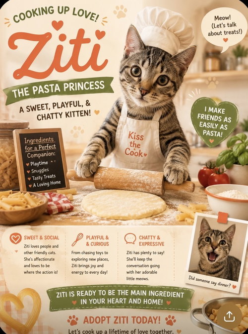 Amazing Ziti, a cat for adoption from Catapalooza, Inc.